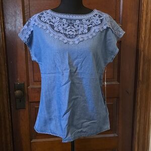 Lace Yoke Denim-Effect Blouse in Light Blue